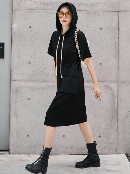 Original Black Zipper Split-Side Hooded H-Line Short Sleeves Midi Dress