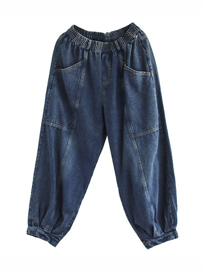 Casual Elastic Waist Wide Leg With Large Pocket Jean Pants