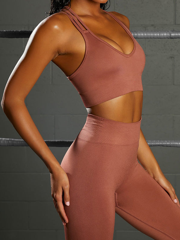 Solid Bra & High-Waist Hip-Lifting Leggings Sports Fitness Suit