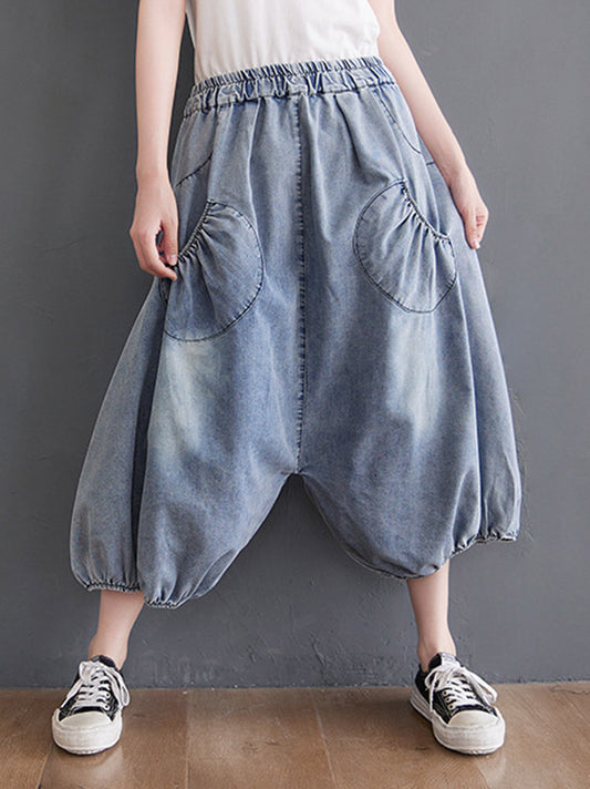 Loose Casual Elasticity High-Waist Wide Legs Jean Pants Knickerbockers