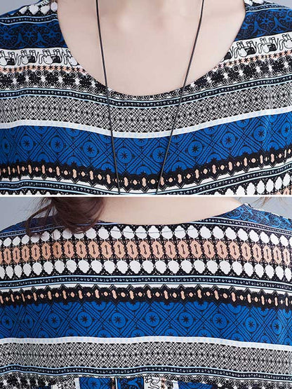 Casual Split-Joint Striped Round-Neck Short Sleeves Loose Midi Dress