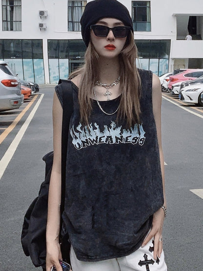 Loose Cool Street Hip-Hop Stylish Letter Printed Round-Neck Sleeveless Vest Top