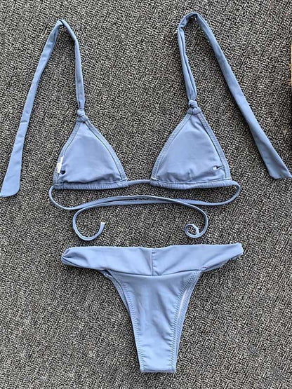 Solid Color Bandage Triangles Split Bikini Swimsuit