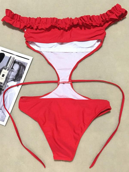 Solid One Piece Lace Bandage Bikinis Swimwear