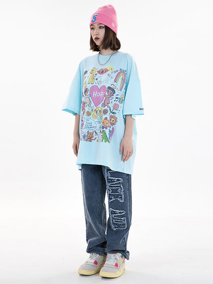 Original Round-Neck Cartoon Printed Loose T-Shirts Tops