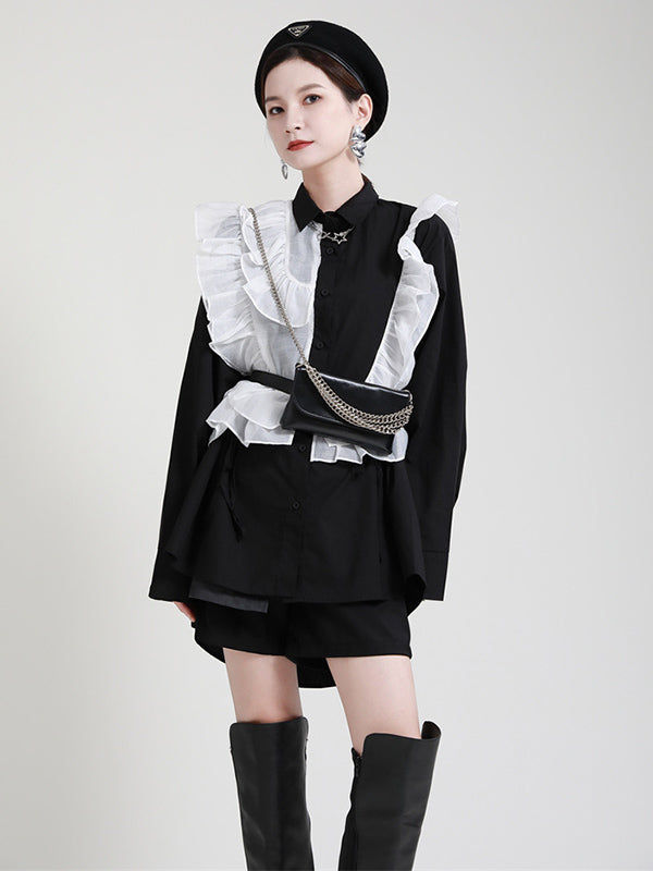 Stylish Irregular Contrast Color Split-Joint Falbala Mesh Drawstring Buttoned Lapel Collar Long Sleeves Blouse