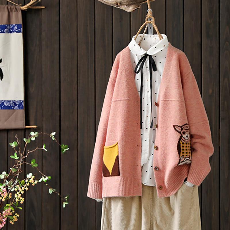 Buykud Cartoon Animal Embroidery Casual Sweater Coat