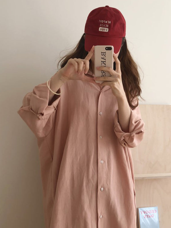 Casual Ramie Cotton Solid Color Buttoned Lapel Collar Long Sleeves Midi Shirt Dress