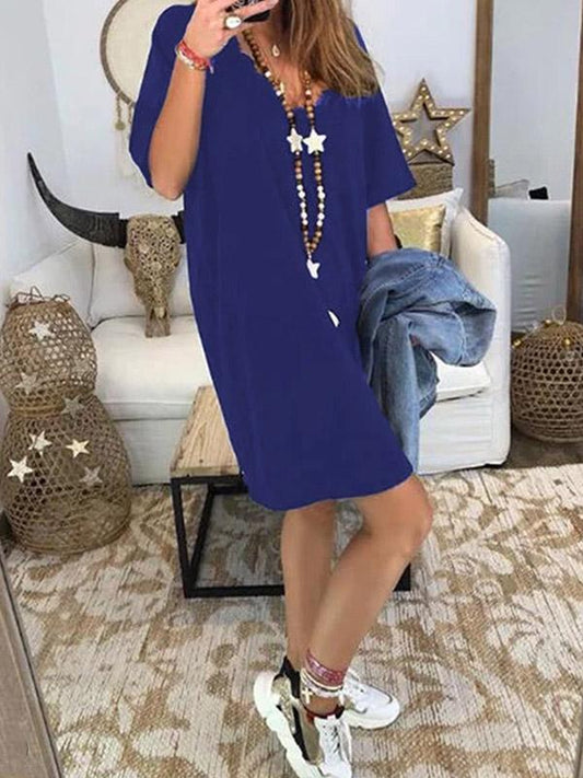 Loose V-neck Half Sleeve Midi Dress