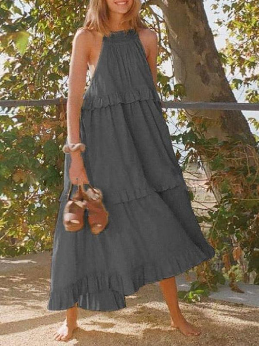 Halterneck Ruffled Spaghetti-neck Sleeveless Solid Maxi Dress