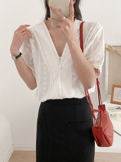 Simple Solid Color Buttoned V-Neck Short Sleeves Blouse