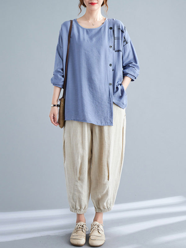 Casual Asymmetric Buttoned Round-Neck Long Sleeves T-Shirt Tops