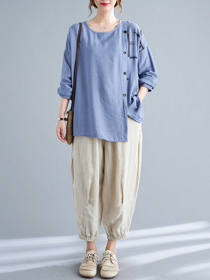 Casual Asymmetric Buttoned Round-Neck Long Sleeves T-Shirt Tops