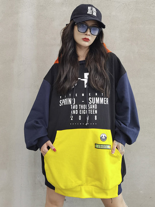 Original Split-Joint Contrast Color Letter Printed Batwing Sleeve Drawstring Hoodies