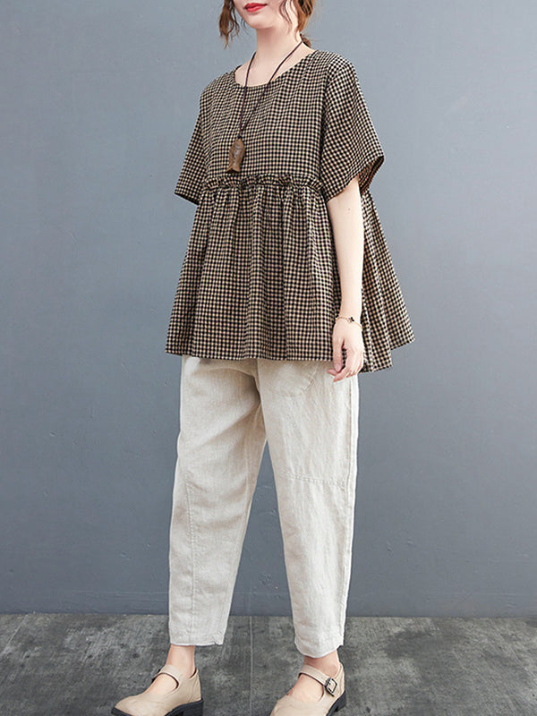 Artistic Retro Loose Plaid Ramie Cotton Falbala T-Shirt Top