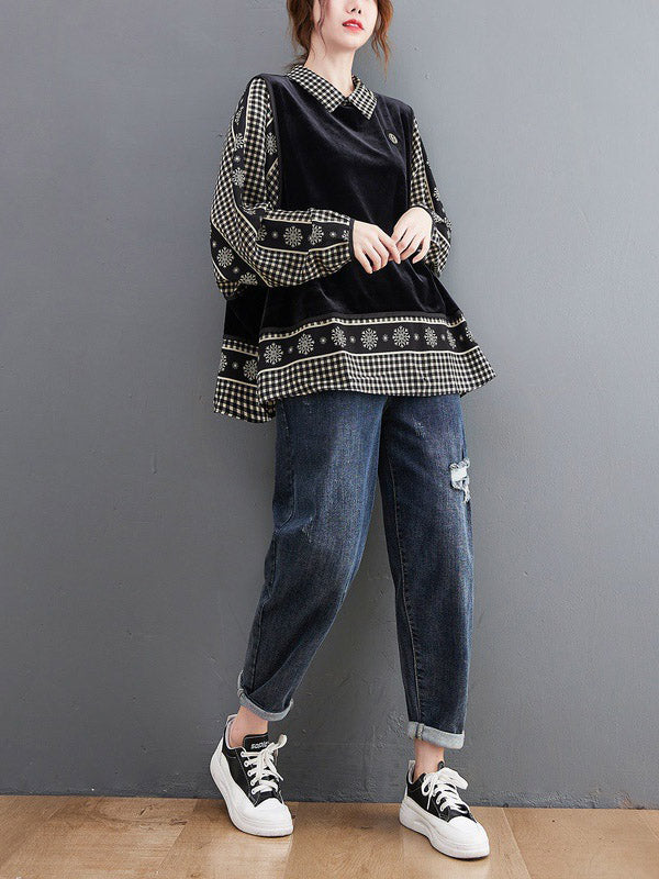 Casual Loose Plaid Floral Printed Lapel Collar Long Sleeves False Two Blouse