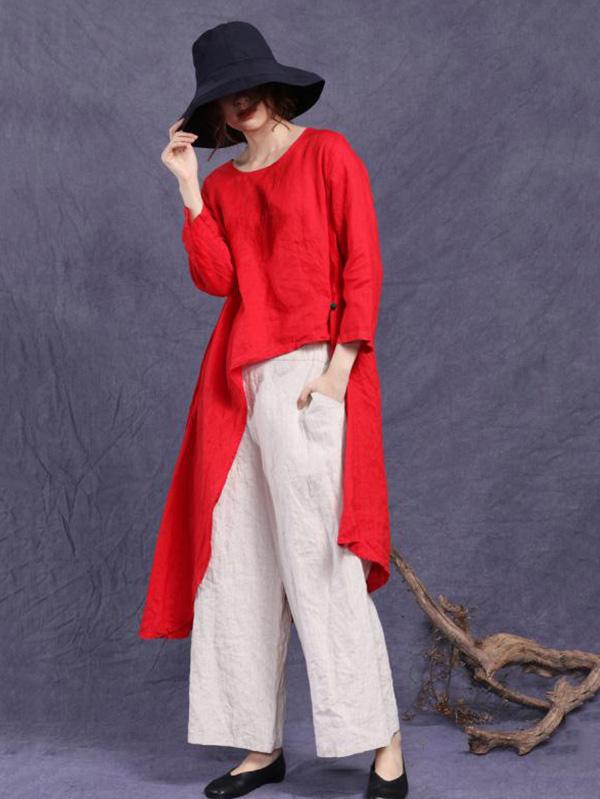 HIGH-LOW LINEN LOOSE SOLID SHIRT TOP