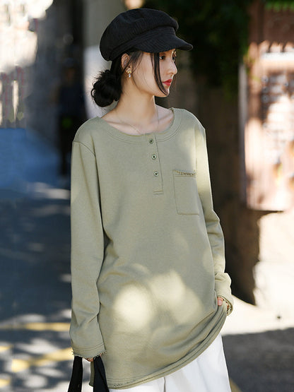 Artistic Retro Long Sleeves Loose Solid Color Round-Neck T-Shirts Tops
