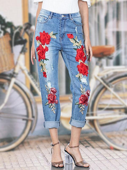 Pretty Embroidered Jean Pants Bottoms
