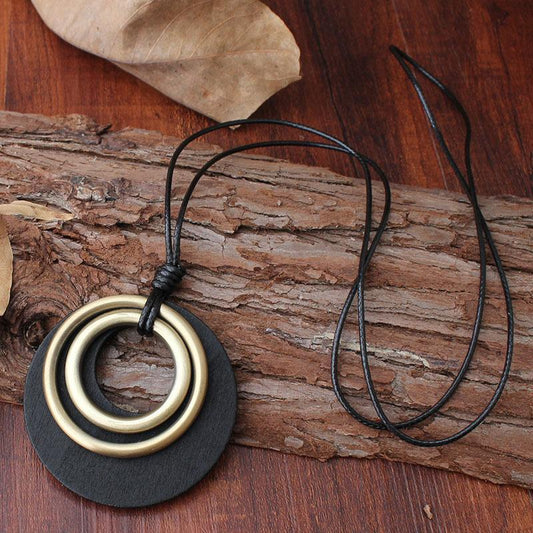 Buykud Two-Ring Pendant Long Wax Rope Necklace