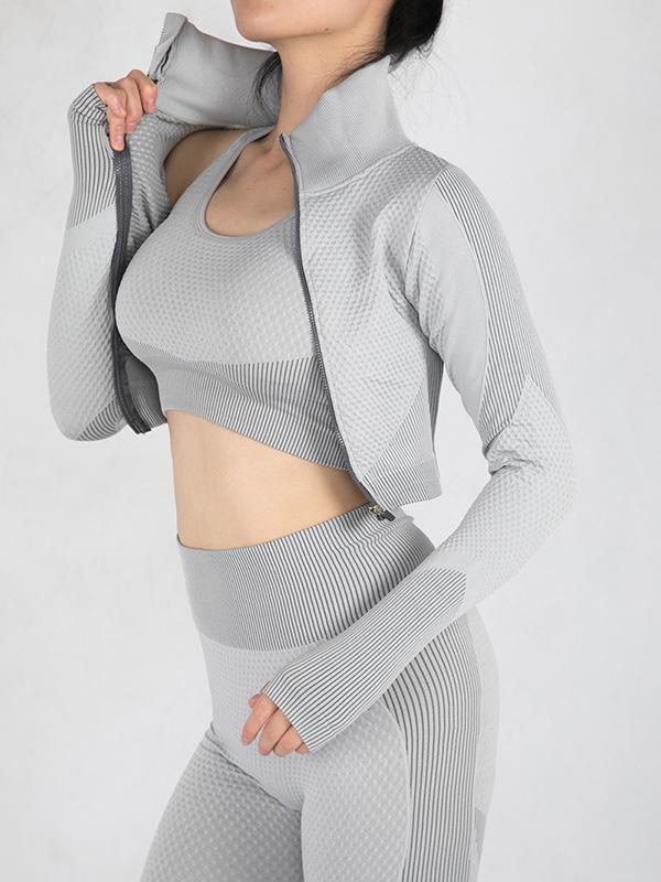 Contrast Color Zipper High-Waisted Three-Piece Sports Suits