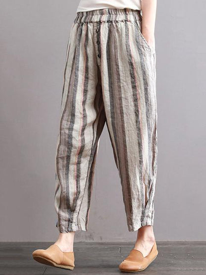 Ramie Cotton Vintage Striped Harem Linen Pants