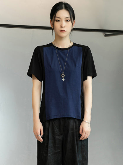 Stylish Split-Joint Black&Blue Back-Pleats Short Sleeves T-Shirt