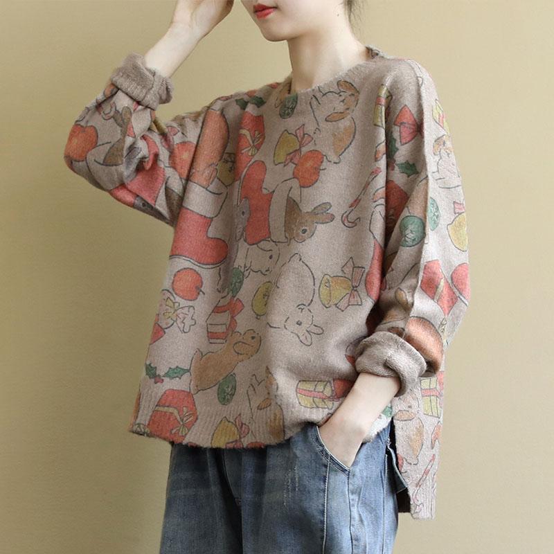 Buykud Loose O-neck Cartoon Printed Casual Sweater