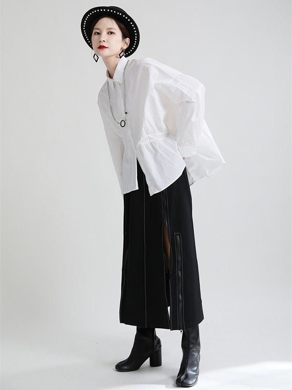 Original Irregular Solid Color Split-Joint Pleated Buttoned Lapel Collar Long Sleeves Blouse