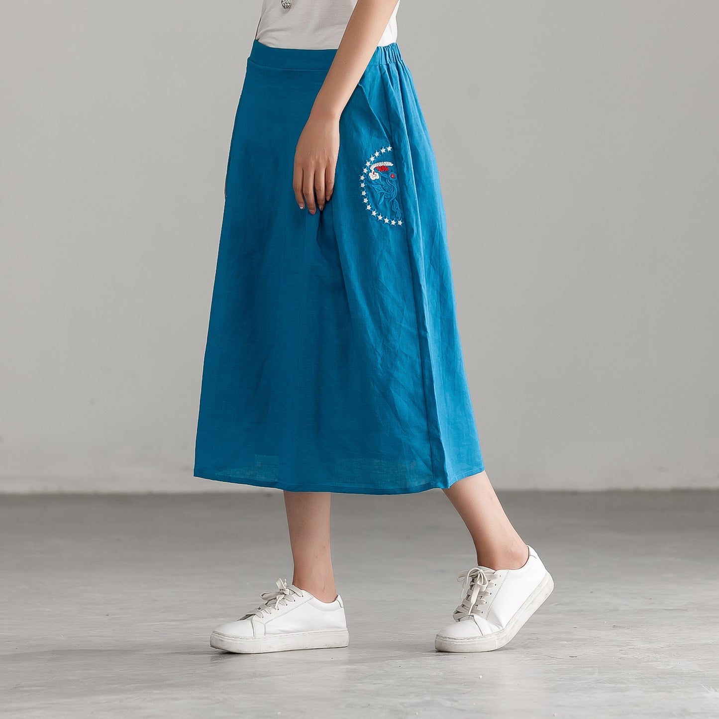Embroidery Blue Casual Cotton Linen Calf Length Skirt