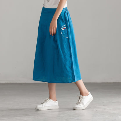 Embroidery Blue Casual Cotton Linen Calf Length Skirt