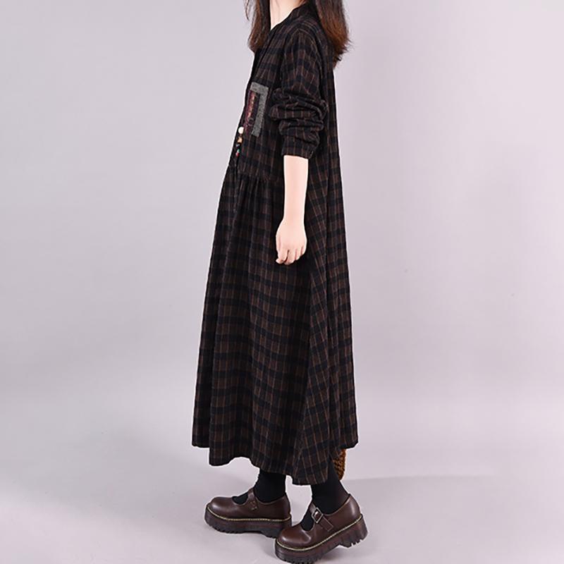 Buykud Long Sleeve Casual Plaid Patchwork Cotton Dress