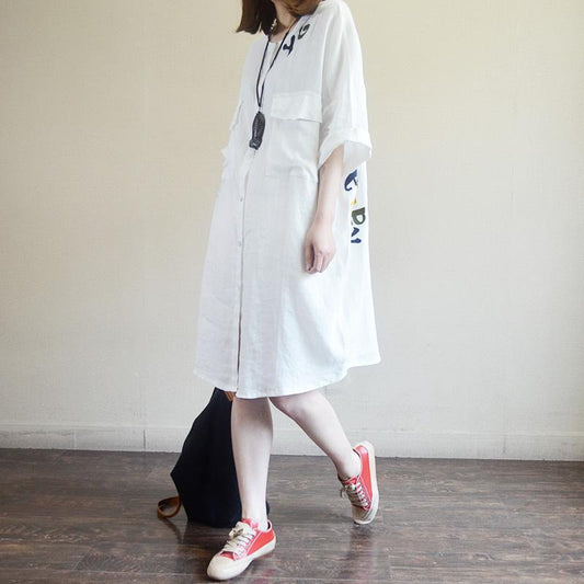 Casual Loose Letter Embroidery Midi Shirt Dress