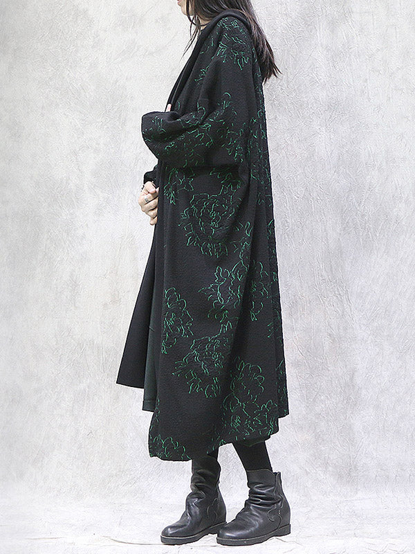 Vintage Loose Irregular Floral Printed Hooded Outwear