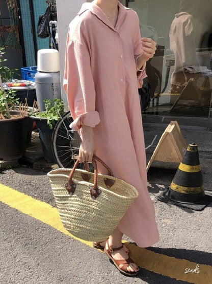 Simple Loose Casual Solid Color Buttoned Split-Side Lapel Collar Long Sleeves Midi Shirt Dress