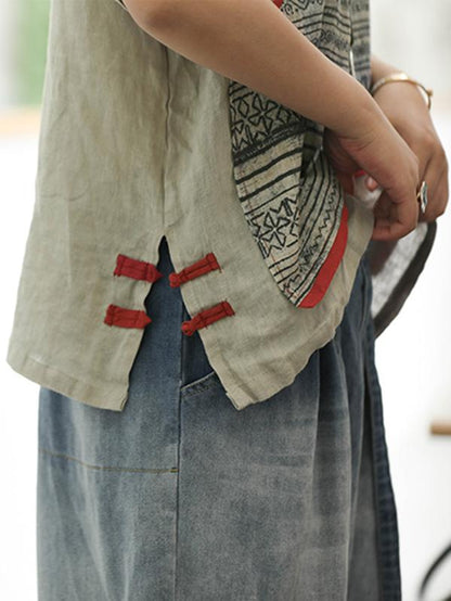 Retro Linen Pocket Split-side T-shirt