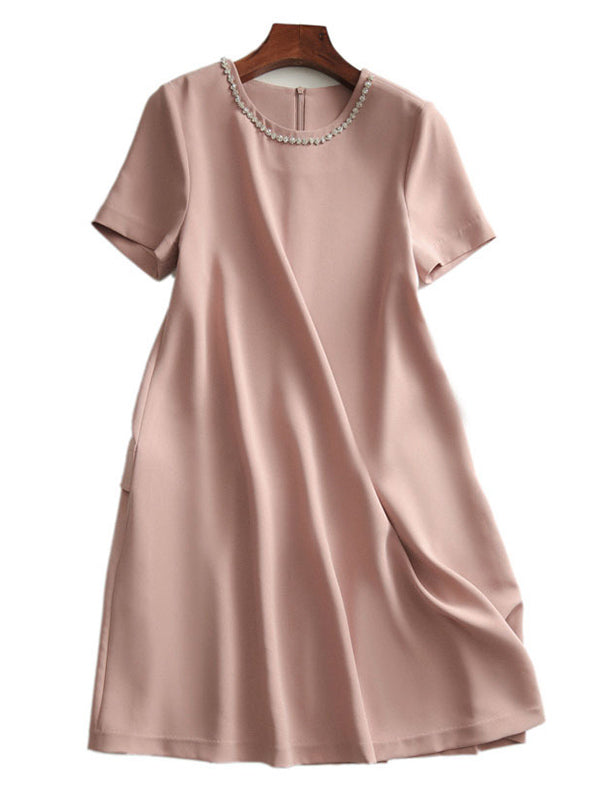 Simple Solid Color H-Line Back-Zipper Round-Neck Midi Dress