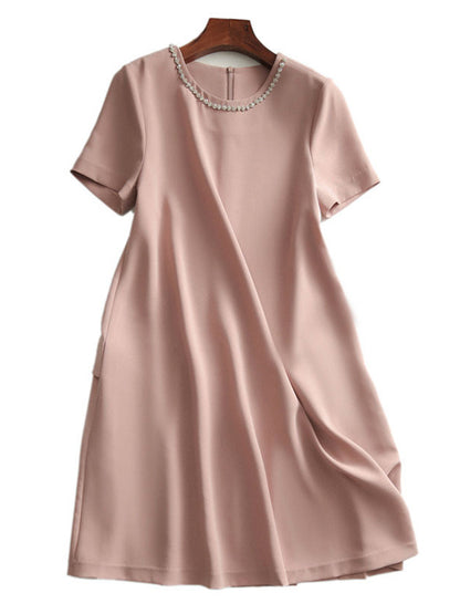Simple Solid Color H-Line Back-Zipper Round-Neck Midi Dress