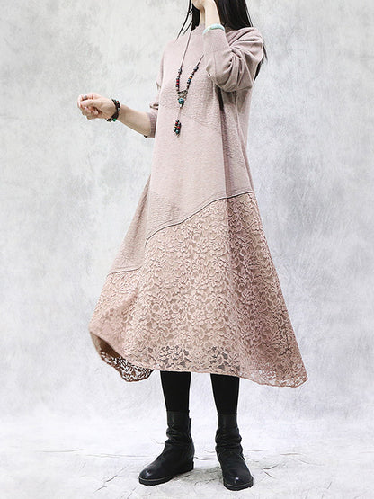 Artistic Retro Solid Color Split-Joint Embroidered Hollow Lace Stand Collar Long Sleeves Knitted Sweater Dress