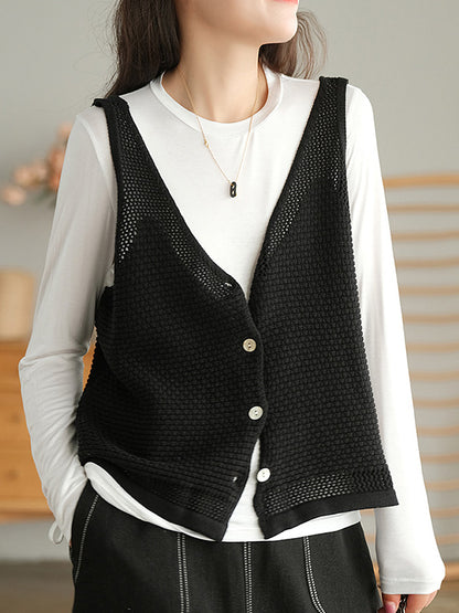 Simple Solid Color Buttoned V-Neck Hollow Vest Tops