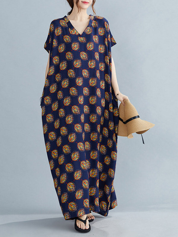 Vintage Printed V-Neck Batwing Short Sleeves Maxi Dress