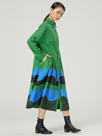 Original Buttoned Contrast Color Lapel Long Sleeves Midi Dress