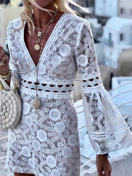 Fashion V-neck Flared Long Sleeves Mini Dress