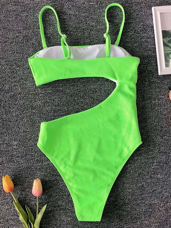 Solid Color Asymmetric Hollow One-Piece Swimwear