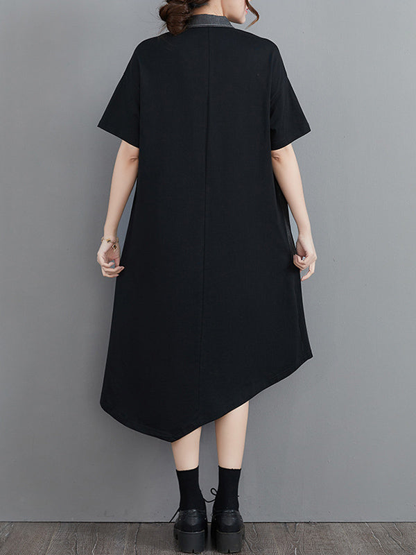 Casual Irregular Split-Joint Half Sleeves Lapel Collar Midi Shirt Dress