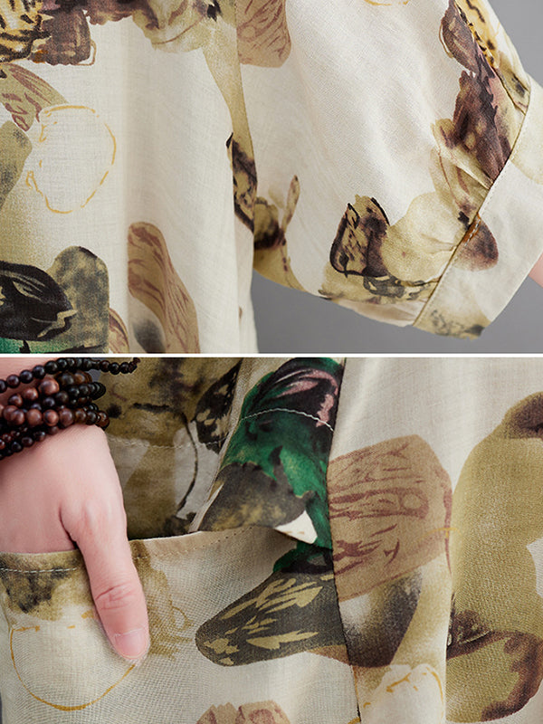 Artistic Retro Loose Floral Printed Ramie Cotton Midi Dress