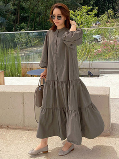 Casual Solid Color Pleated Buttoned Stand Collar Hollow Puff Sleeves Midi Dress