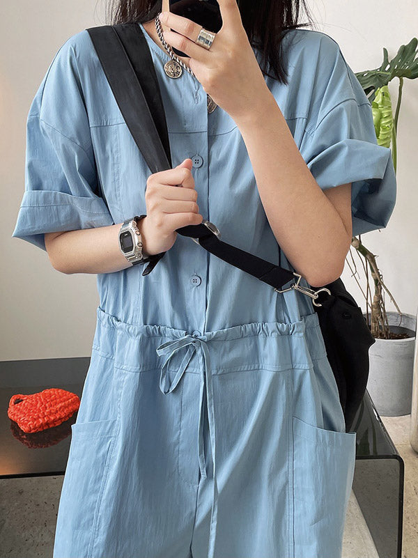 Urban Drawstring Elastic High Waisted Short Sleeves Wide Leg Jumpsuits