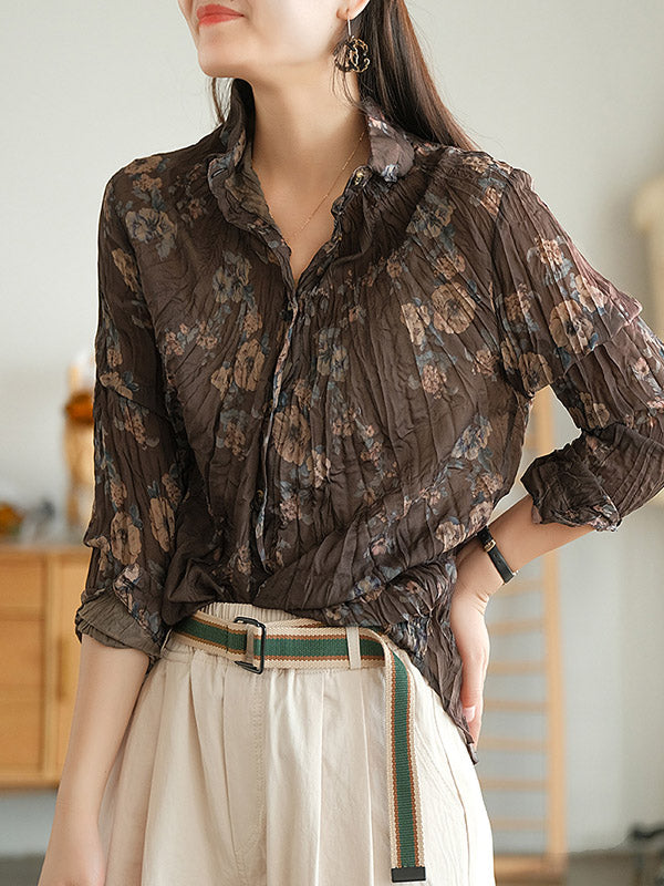 Vintage Printed Buttoned Pleated Lapel Long Sleeves Blouse Tops
