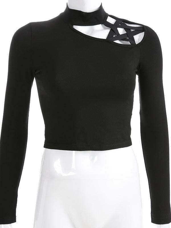 Solid Color Hollow Long Sleeves Tees